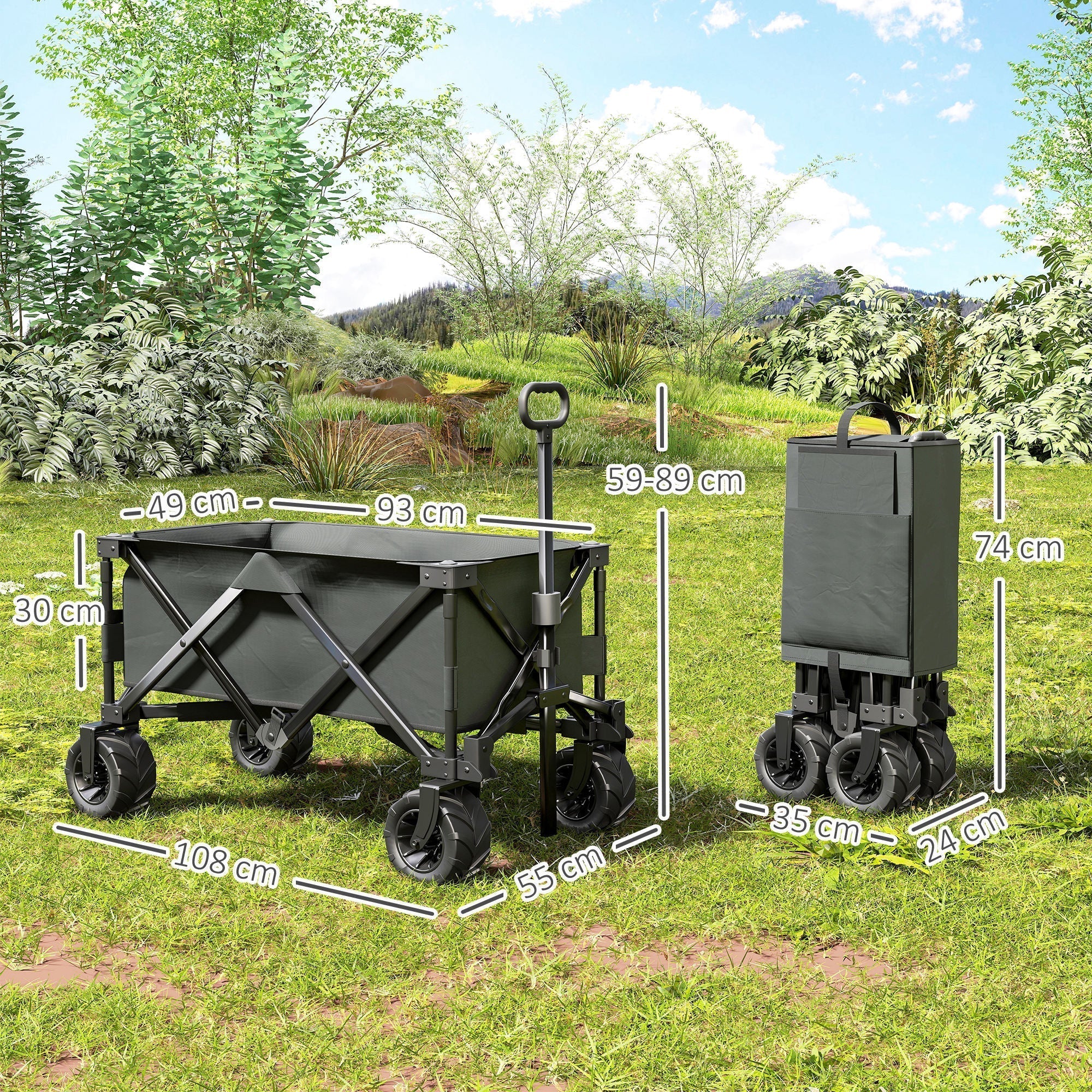 Outsunny Outdoor Pull Along Cart Folding Cargo Wagon Trailer Trolley for Beach Garden with Handle, Anti-Slip Wheel - Dark Grey