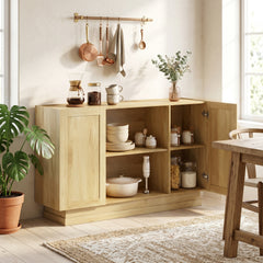 HOMCOM Sideboard Buffet Cabinet, 133 cm Storage Cabinet with 2 Open Shelves, 2 Cupboards and Soft Close Doors, Natural
