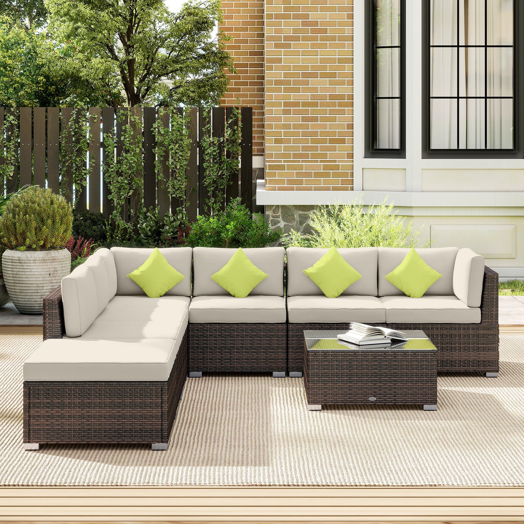 Outsunny 8 Piece Rattan Corner Sofa Set with Wide & Deep Seat, Assembled Aluminium PE Rattan Garden Furniture Set with Thick Cushions and Glass Top Table for Outdoor, Conservatory, Mixed Brown