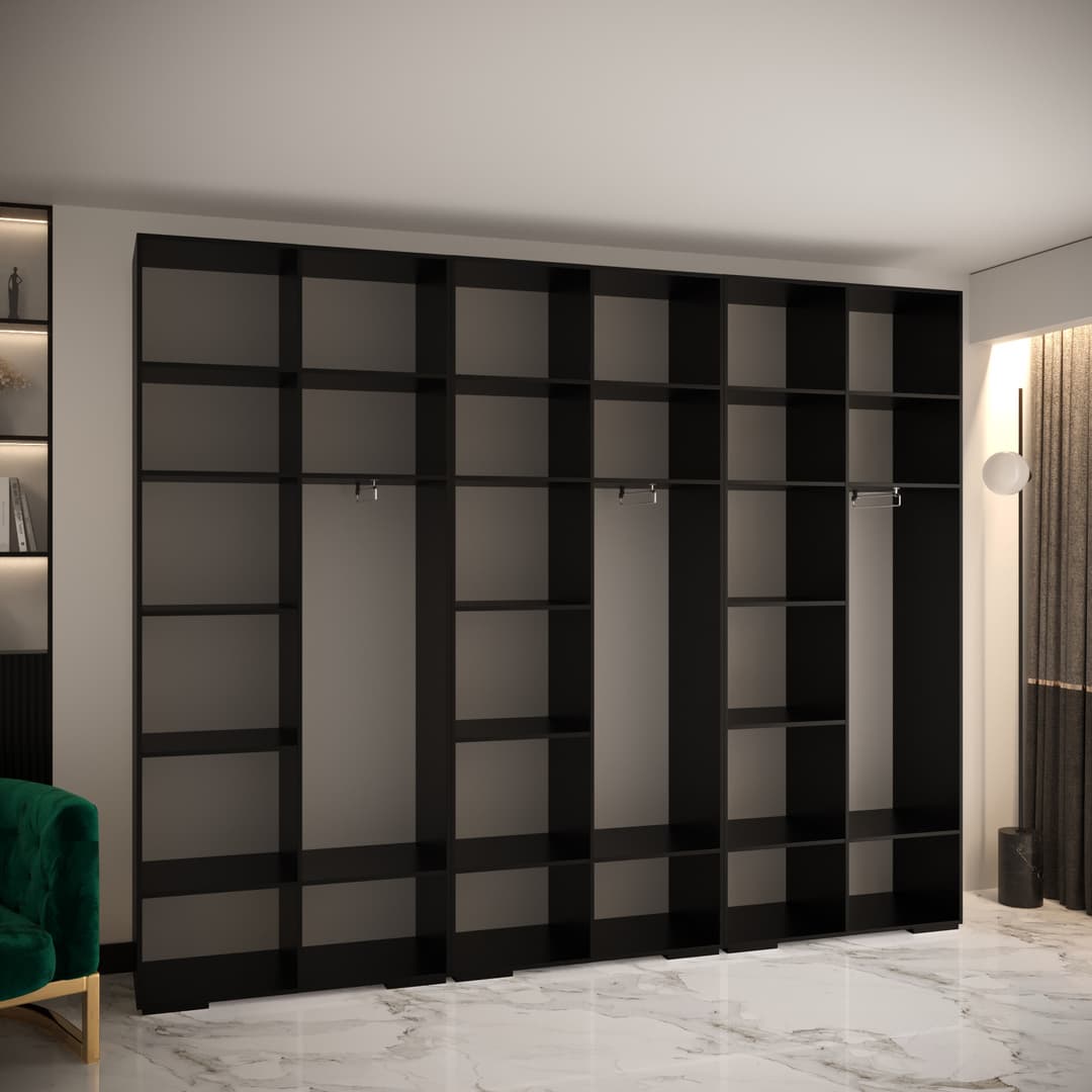 The Manhattan III Hinged Door Wardrobe 300cm shown in black with many shelves and hanging rails