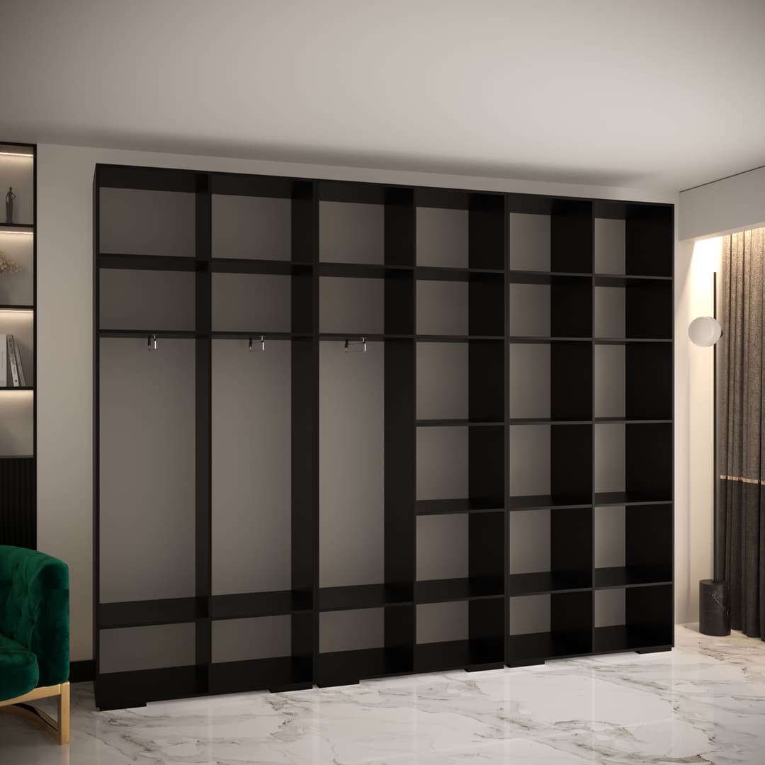 The Manhattan III Hinged Door Wardrobe 300cm in black, with some doors open to reveal the internal storage