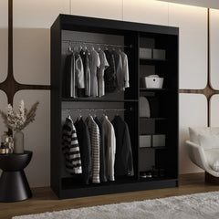 The open sliding door wardrobe showing hanging rails and shelves