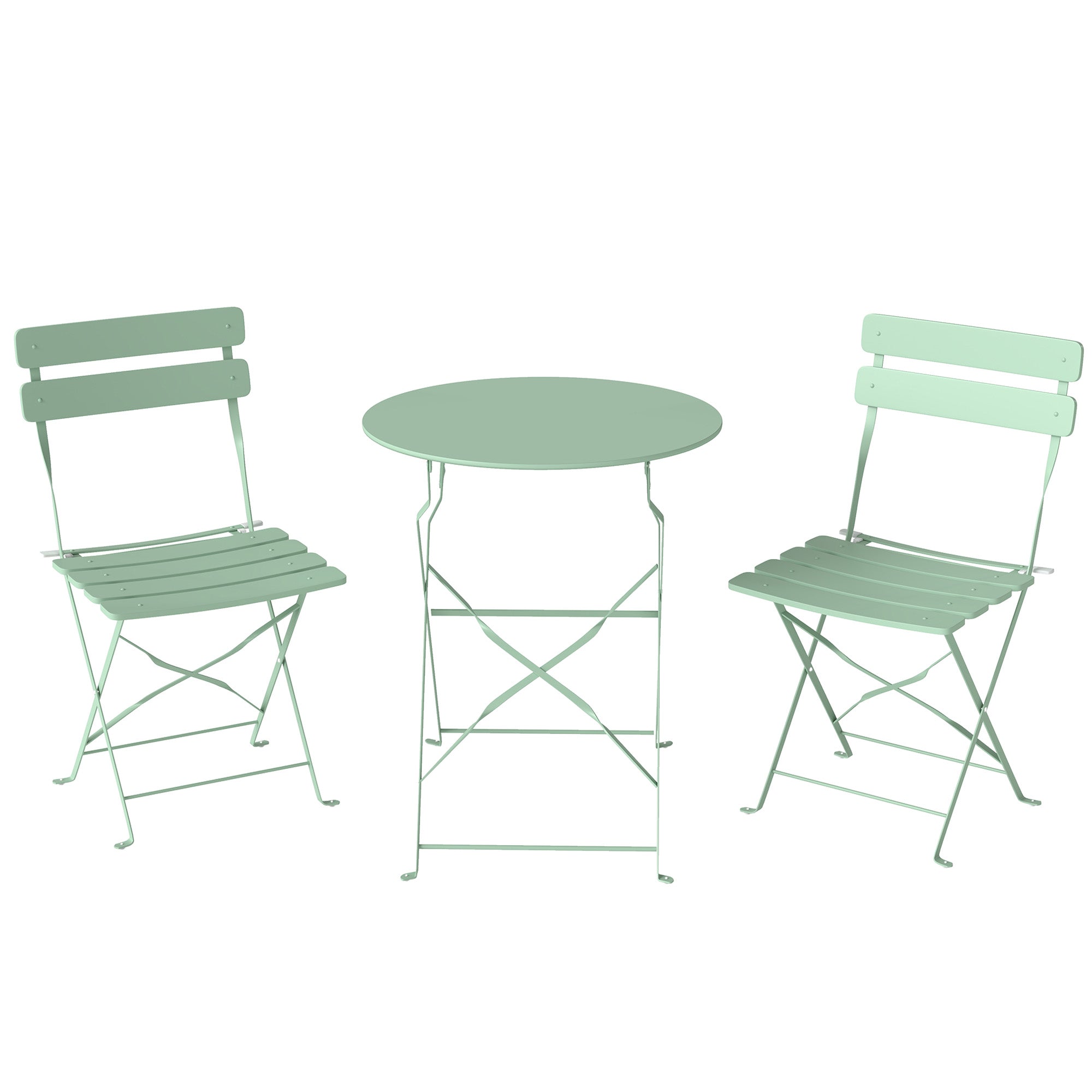 Outsunny Folding Garden Bistro Set, Outdoor Round Bistro Table and Chairs Set 2 with Electrophoresis Metal Frame, Light Green