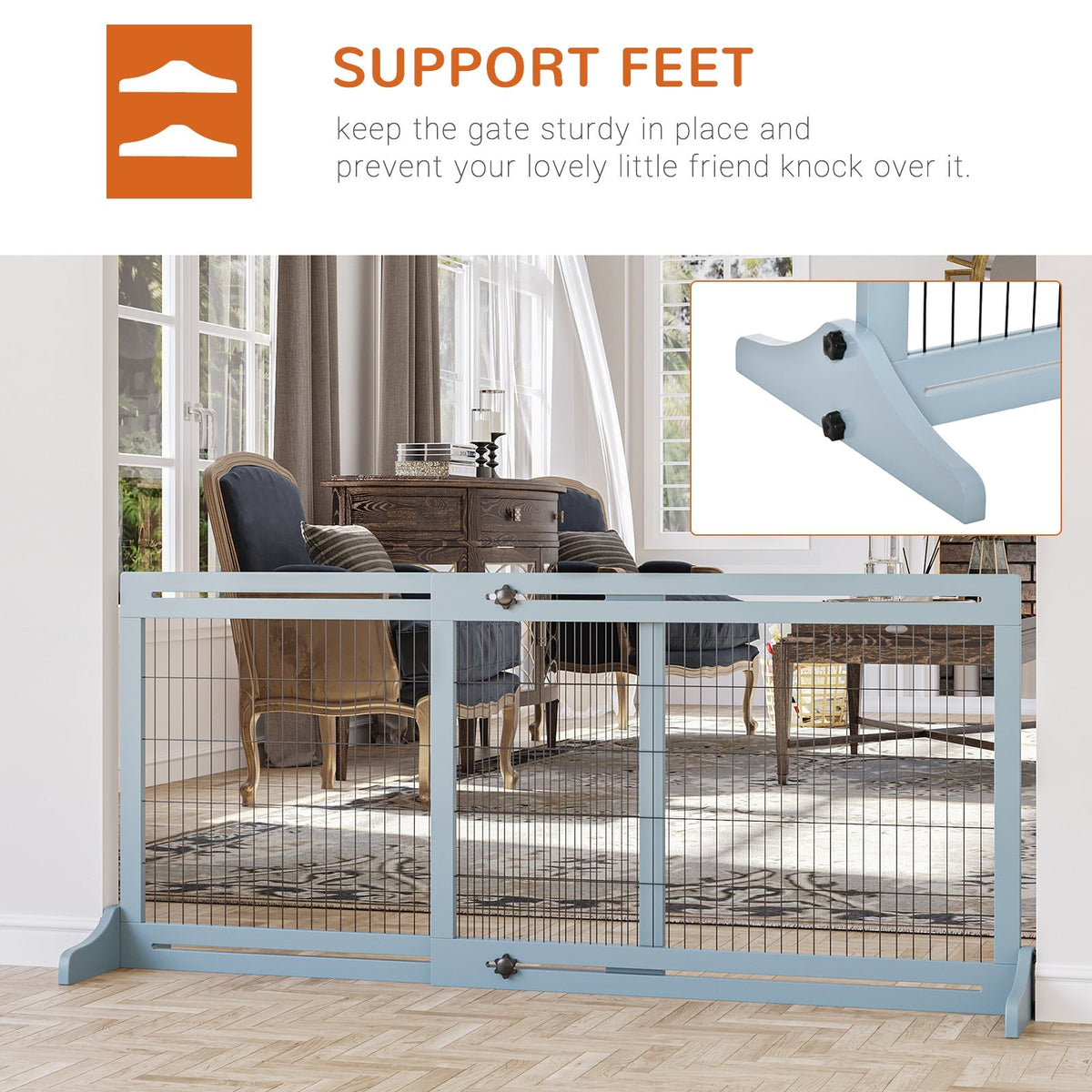 PawHut Freestanding Dog Gate, Foldable Pet Fence, Indoor Wood Barrier, Stair Gate with Support Feet, for Doorway, Hallway, Small and Medium Dogs, 69H x 104-180 cm, Blue-grey