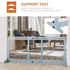 PawHut Freestanding Dog Gate, Foldable Pet Fence, Indoor Wood Barrier, Stair Gate with Support Feet, for Doorway, Hallway, Small and Medium Dogs, 69H x 104-180 cm, Blue-grey