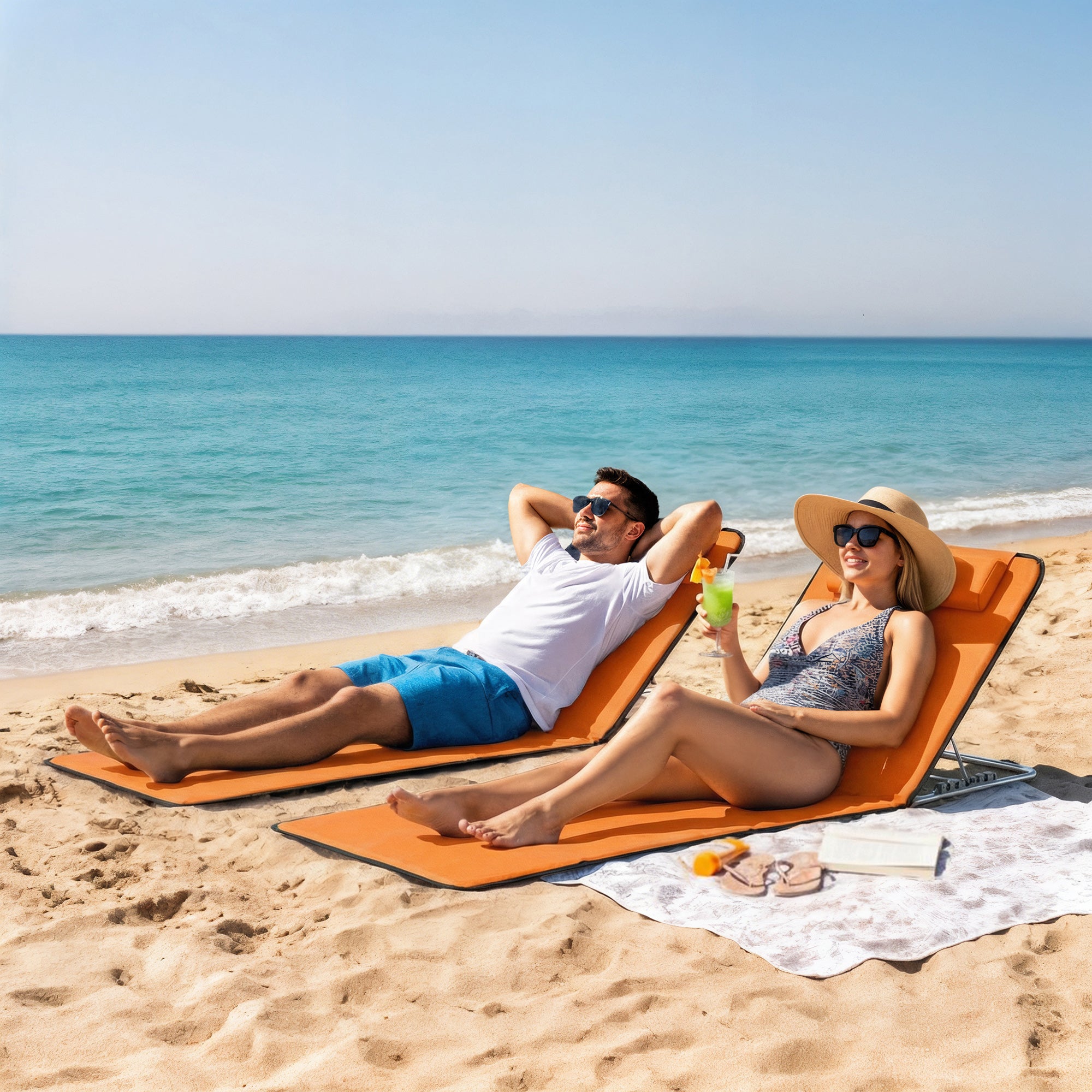 Outsunny Set of Two Metal Frame Beach Chairs, with Reclining Backs - Orange