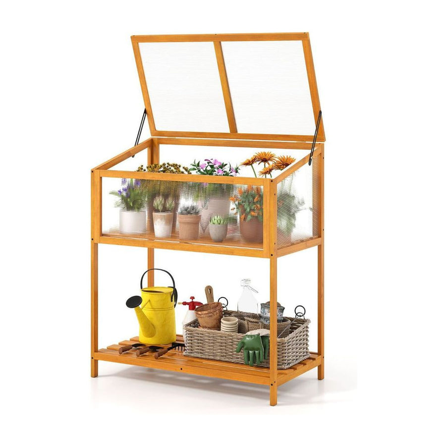 Wood Cold Frame Greenhouse with Slatted Storage Shelf-Orange