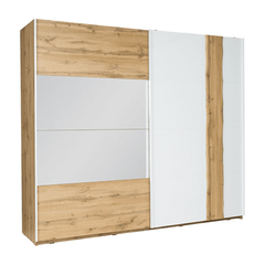 The sliding door wardrobe has wood effect and mirrored panels on its doors