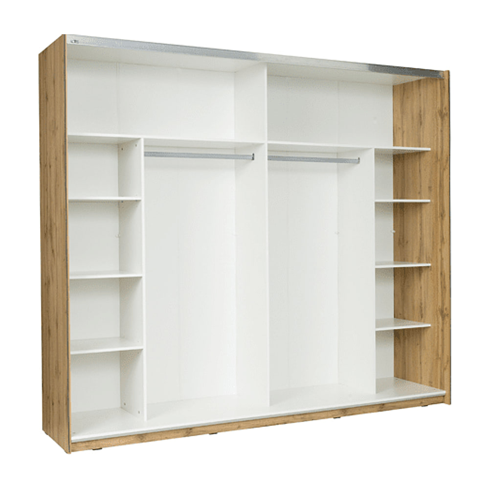 Wood WD12 Sliding Door Wardrobe 250cm with open doors showing shelves and hanging rails