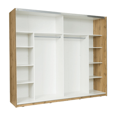Wood WD12 Sliding Door Wardrobe 250cm with open doors showing shelves and hanging rails