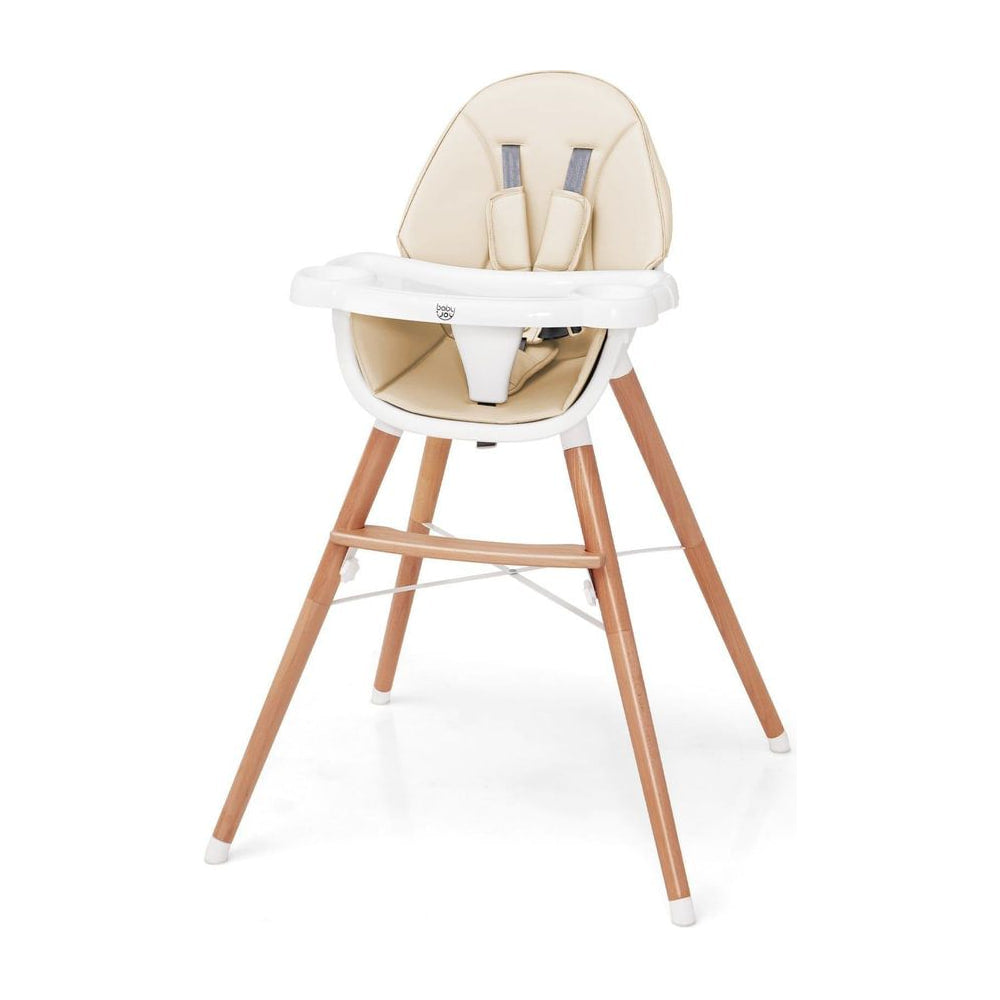 Wooden Baby Infant High chair with a beige seat, white tray and wooden legs on a white background