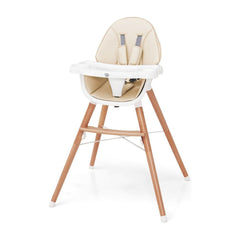 Wooden Baby Infant High chair with a beige seat, white tray and wooden legs on a white background