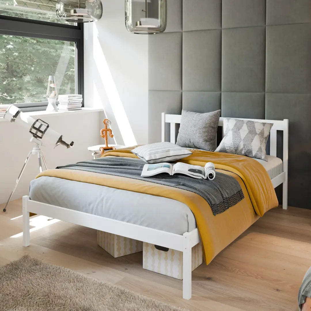 Wooden Bed King [EU Double] in a bedroom with grey headboard and yellow blanket