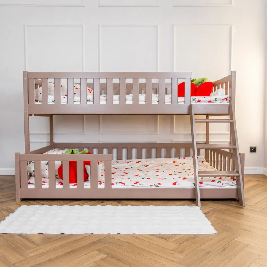 Wooden Bunk Bed Nicea in taupe with white bedding and red stuffed toys