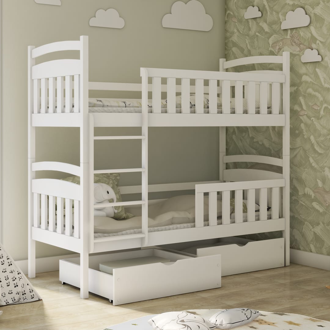 Wooden Bunk Bed Sebus with Storage in white with one drawer pulled out in a child bedroom
