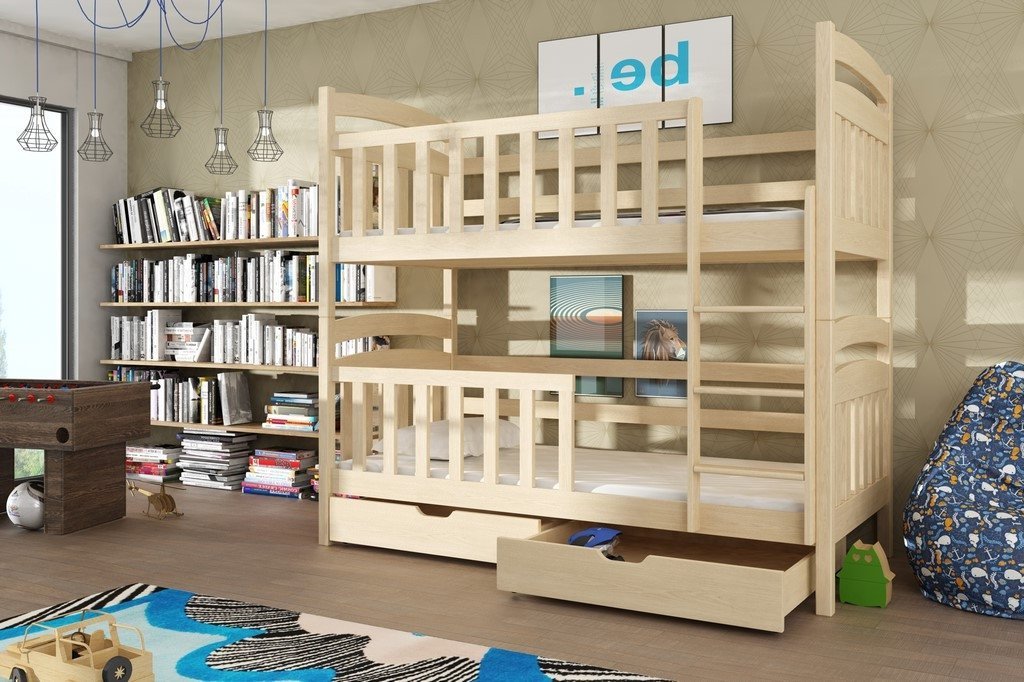 The natural wood bunk bed seen from the right side with an open drawer in a bright room