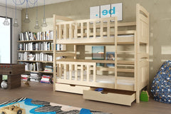 The natural wood bunk bed seen from the right side with an open drawer in a bright room