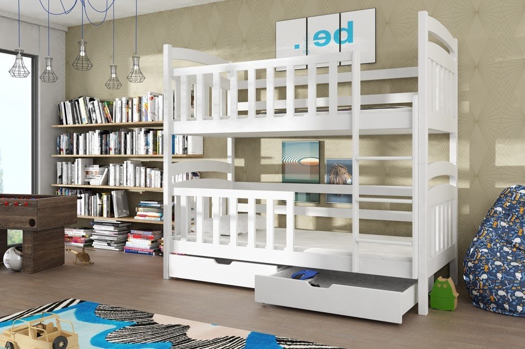 The white bunk bed viewed from the opposite angle showing the ladder and open storage drawer