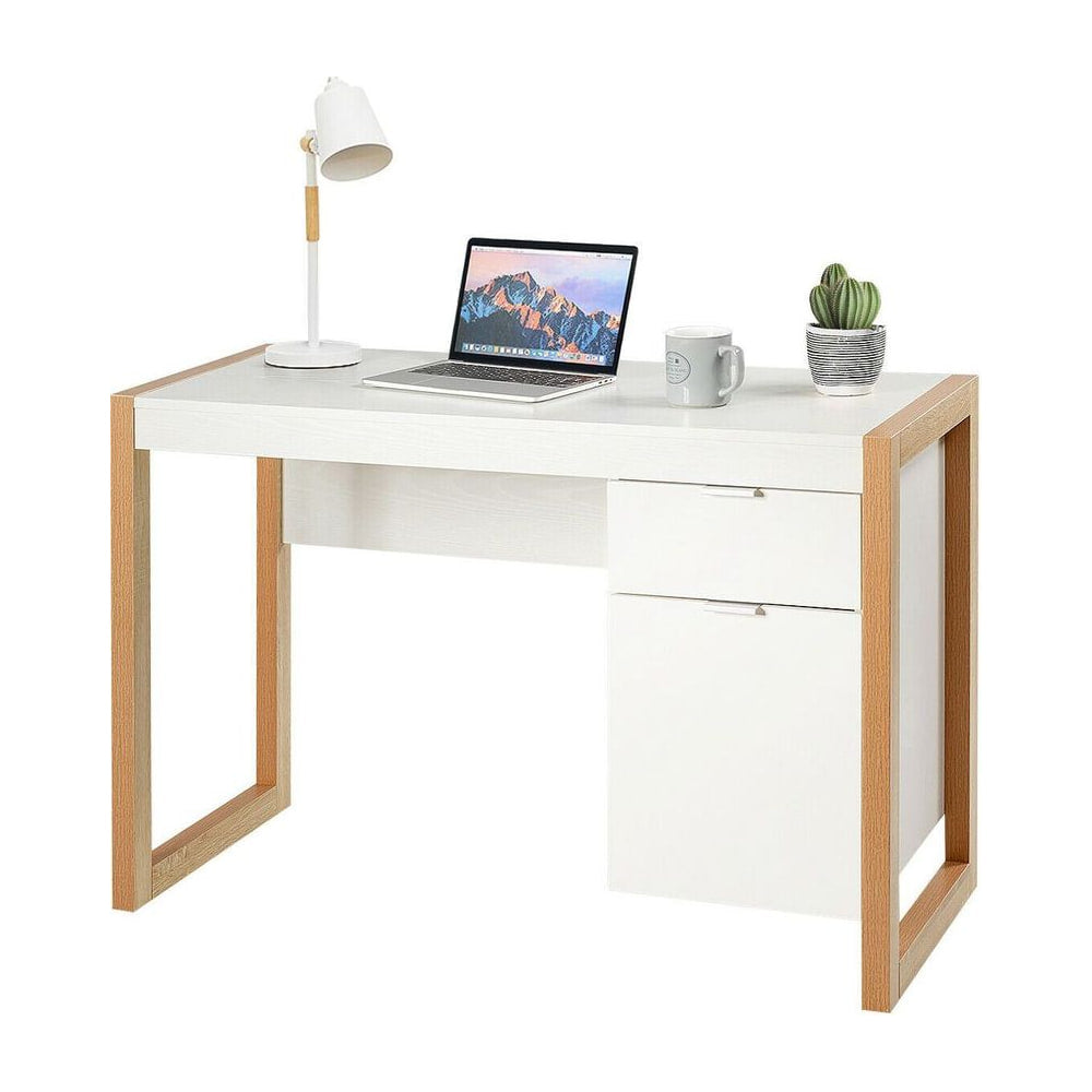 Wooden Computer Desk with a drawer and cabinet on the right side, white finish
