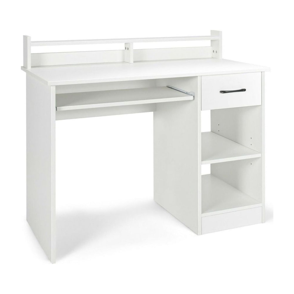 Wooden Computer Desk With Keyboard Tray for Work and Study-White, a white desk with a keyboard tray and shelves
