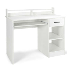 Wooden Computer Desk With Keyboard Tray for Work and Study-White, a white desk with a keyboard tray and shelves