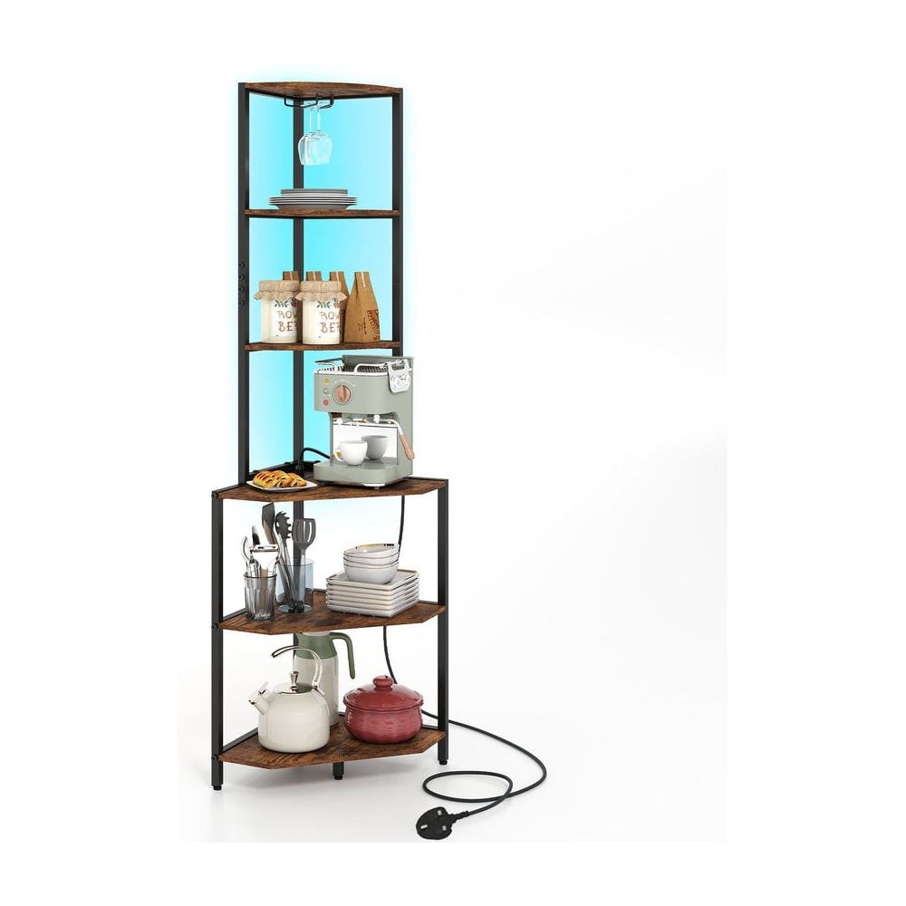 Wooden Corner Shelf with Storage Shelves, a tall narrow bookcase with five shelves and integrated LED lighting