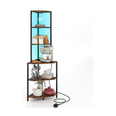 Wooden Corner Shelf with Storage Shelves, a tall narrow bookcase with five shelves and integrated LED lighting