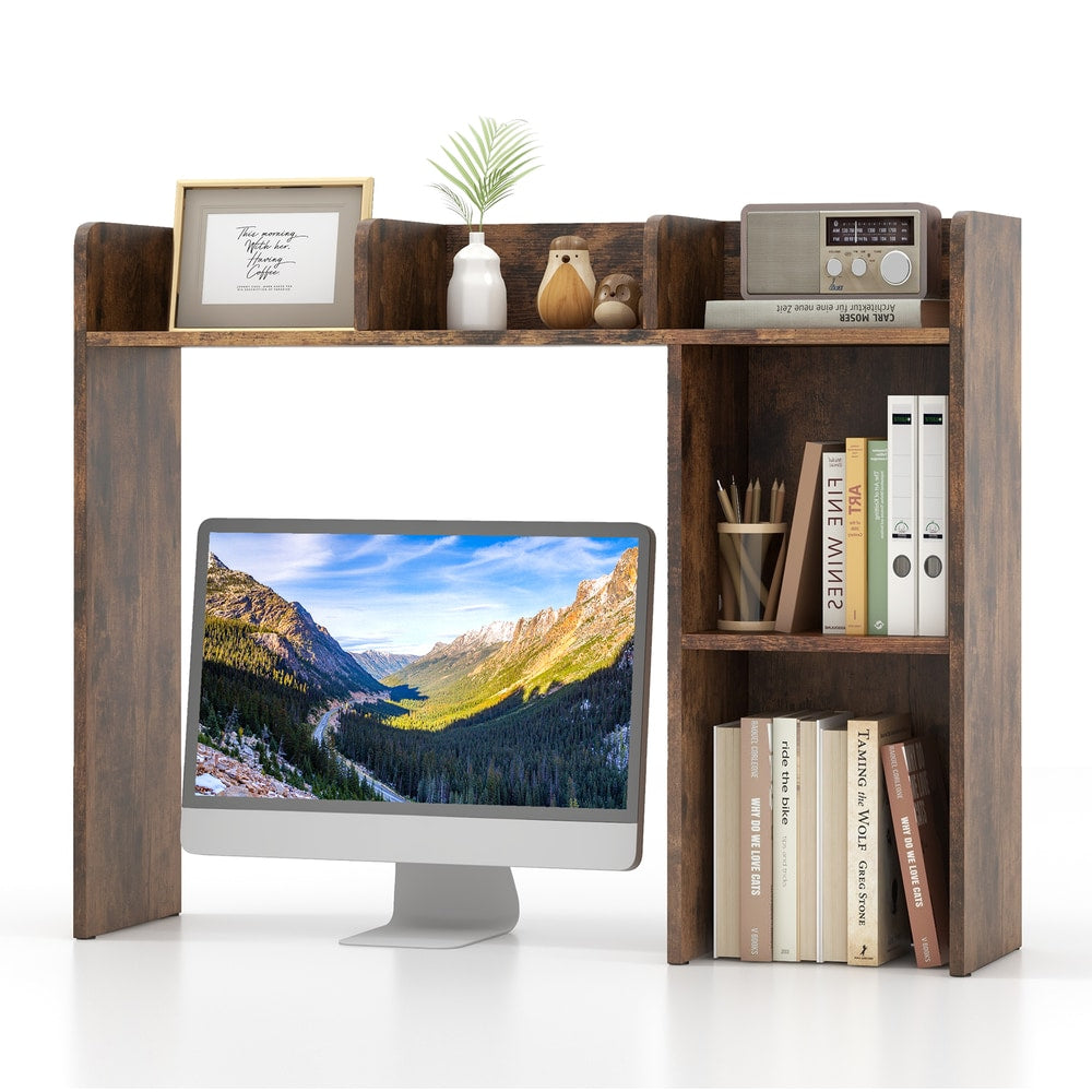 Wooden Desk Bookshelf holding a computer monitor and various decorative items on its shelves