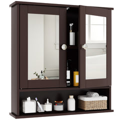 Wooden Hanging Medicine Organizer with Mirror and Adjustable Shelf with toiletries on the open shelf