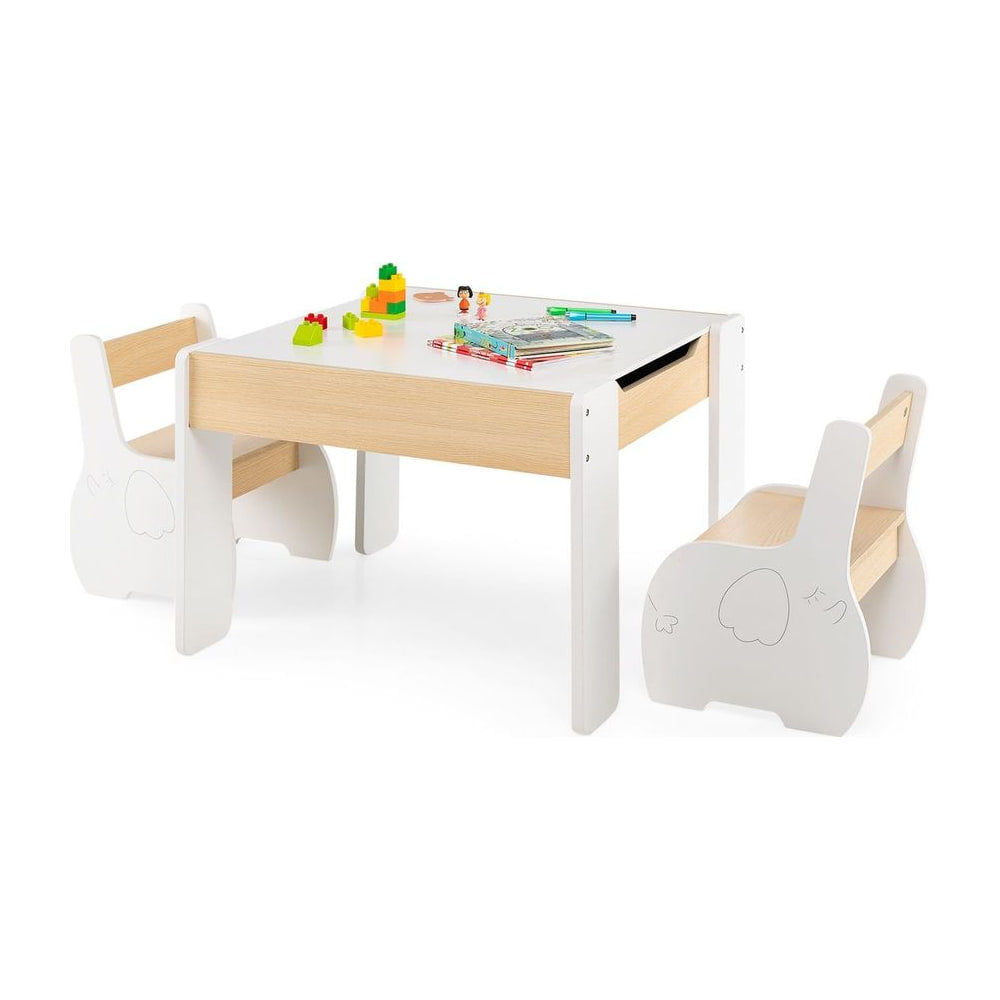 Wooden Kids Table and Chair Set with Hidden Storage in White
