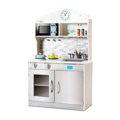 Wooden Play Kitchen with Utensil Set, a white and grey toy kitchen with microwave, oven, hob and sink