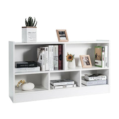 Wooden Storage Bookcase with 2 Tiers and 5 Cubes, a white unit with shelves and cube compartments, decorated with books and