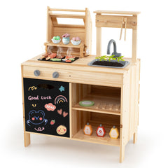 Wooden Barbecue Grill Toy Set with Chalkboard and Play Food for Kids-Natural