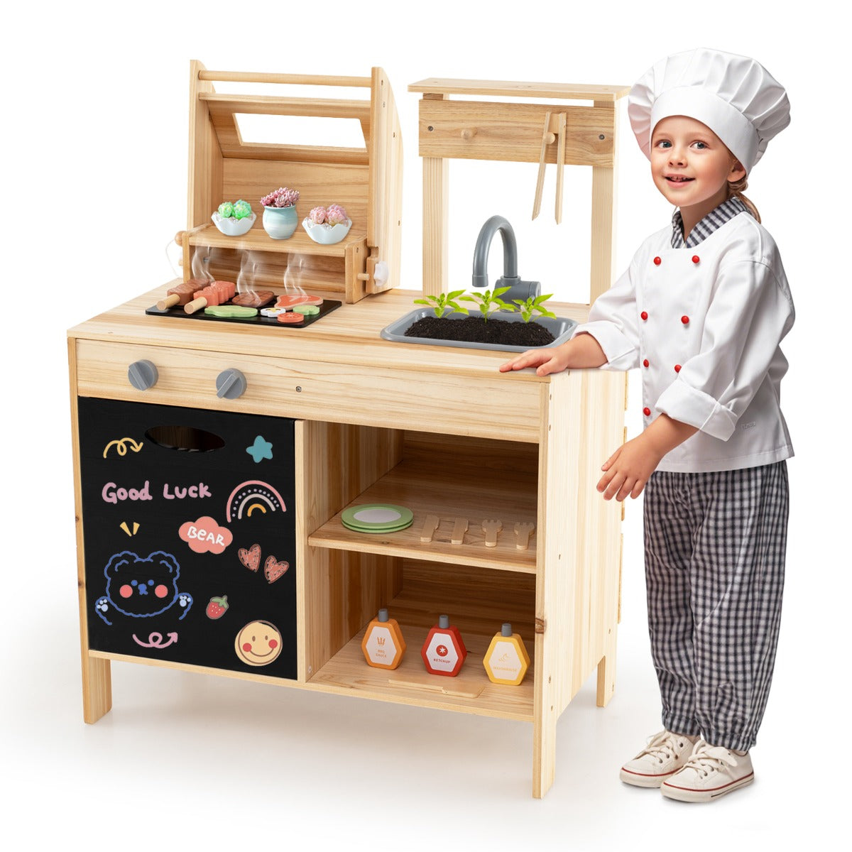 Wooden Barbecue Grill Toy Set with Chalkboard and Play Food for Kids-Natural