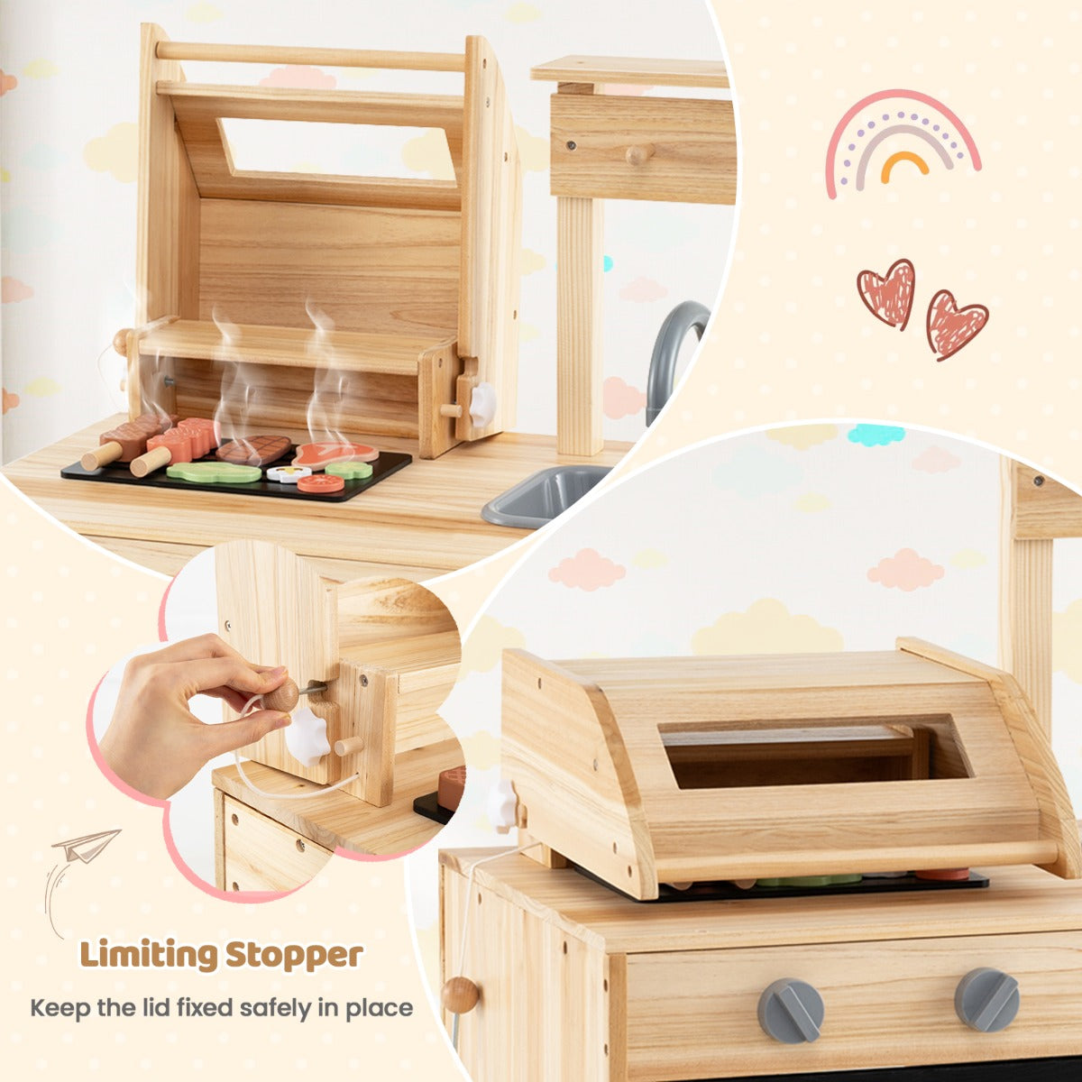 Wooden Barbecue Grill Toy Set with Chalkboard and Play Food for Kids-Natural