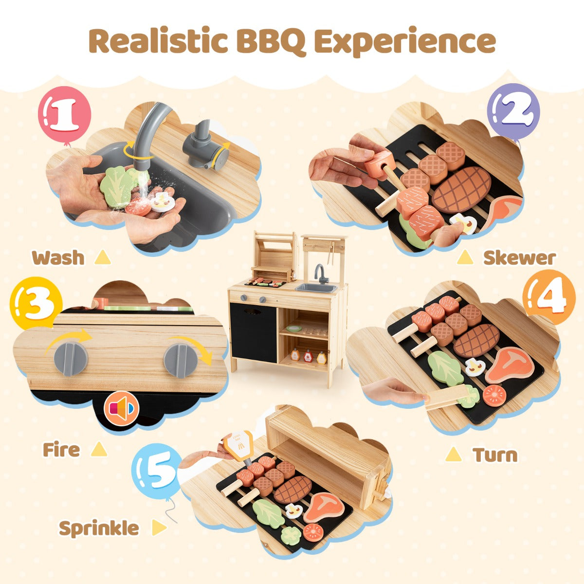 Wooden Barbecue Grill Toy Set with Chalkboard and Play Food for Kids-Natural
