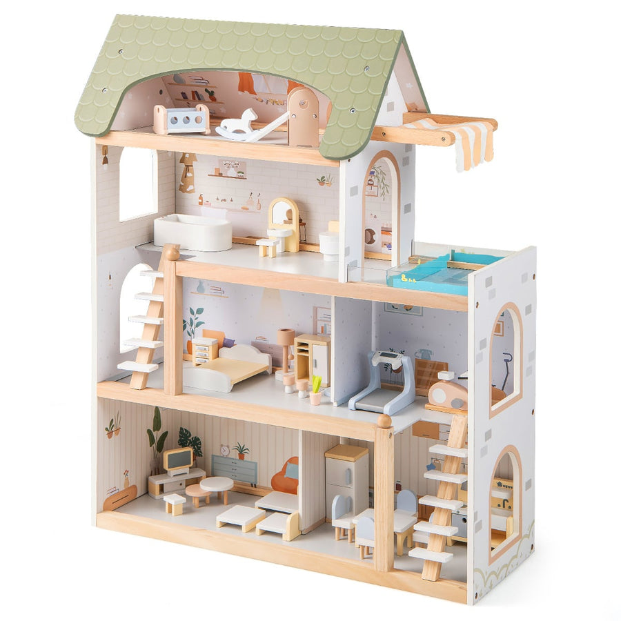 Wooden Dollhouse with 33 PCS Furniture Accessories for Girls and Boys-Green