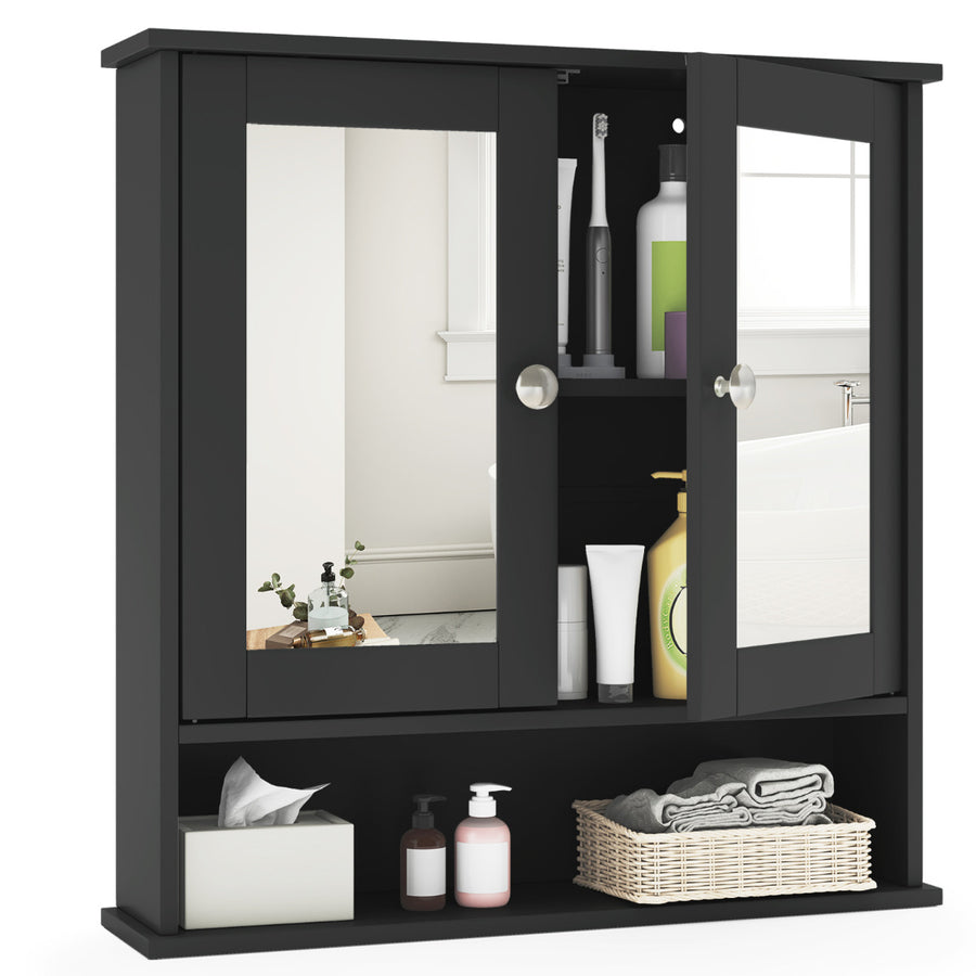 Wooden Hanging Medicine Organizer with Mirror and Adjustable Shelf-Black