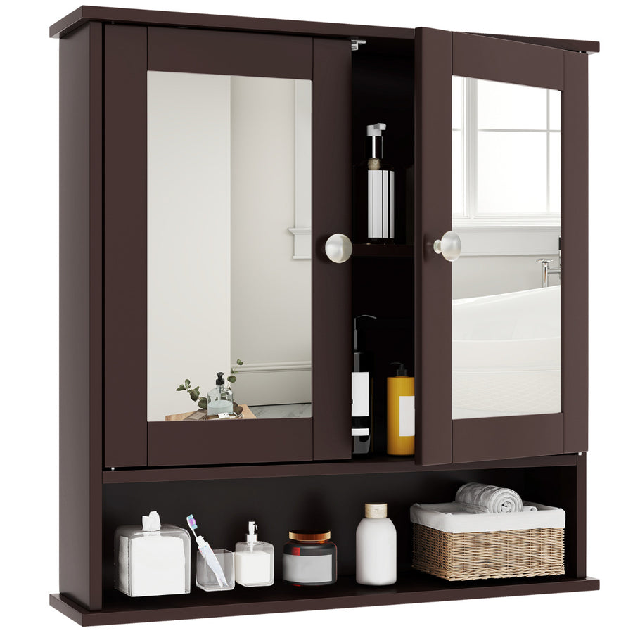 Wooden Hanging Medicine Organizer with Mirror and Adjustable Shelf-Rustic Brown