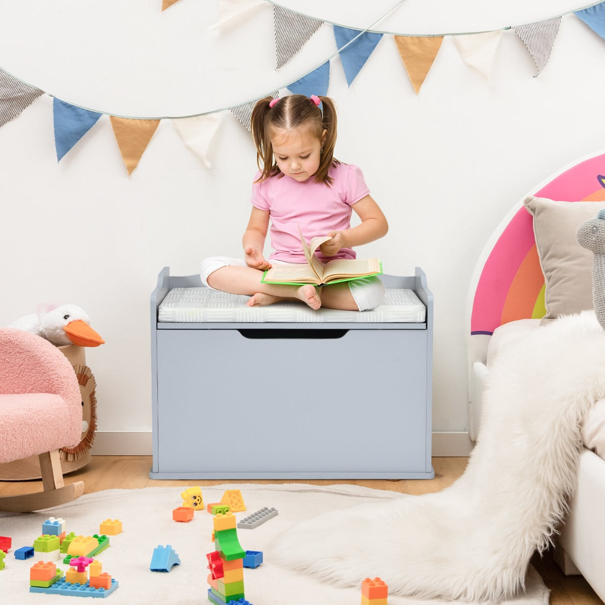 Wooden Kids Toy Box and Bench with Cushion and Handles-Grey