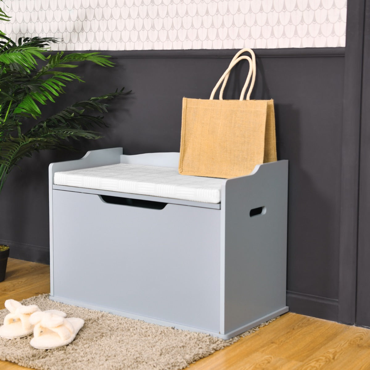 Wooden Kids Toy Box and Bench with Cushion and Handles-Grey