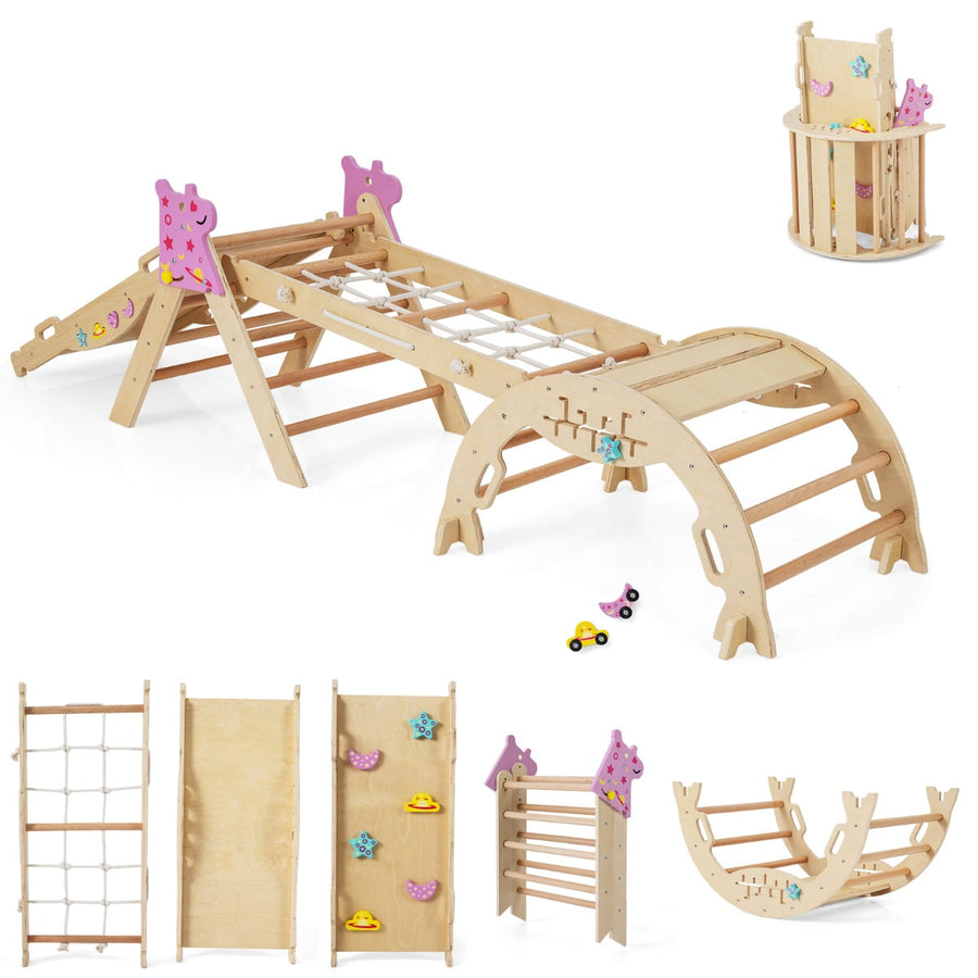 Wooden Montessori Climbing Set with Climbing Rope and Ladder-Natural