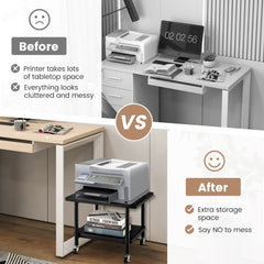 Comparison of a cluttered desk before and the tidy printer stand after, showing space saving
