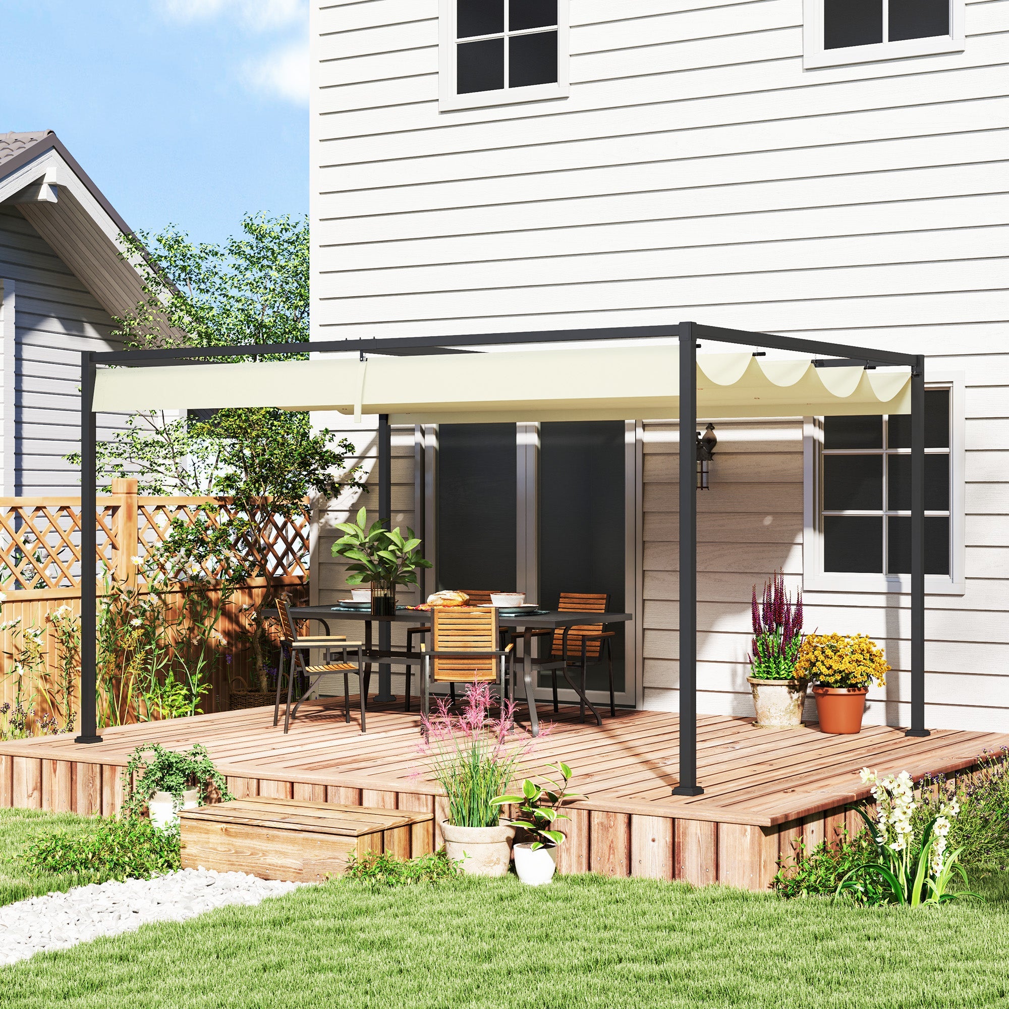 Outsunny 4 x 3(m) Metal Pergola with Retractable Roof, Garden Gazebo Canopy Shelter for Outdoor, Patio, Cream White