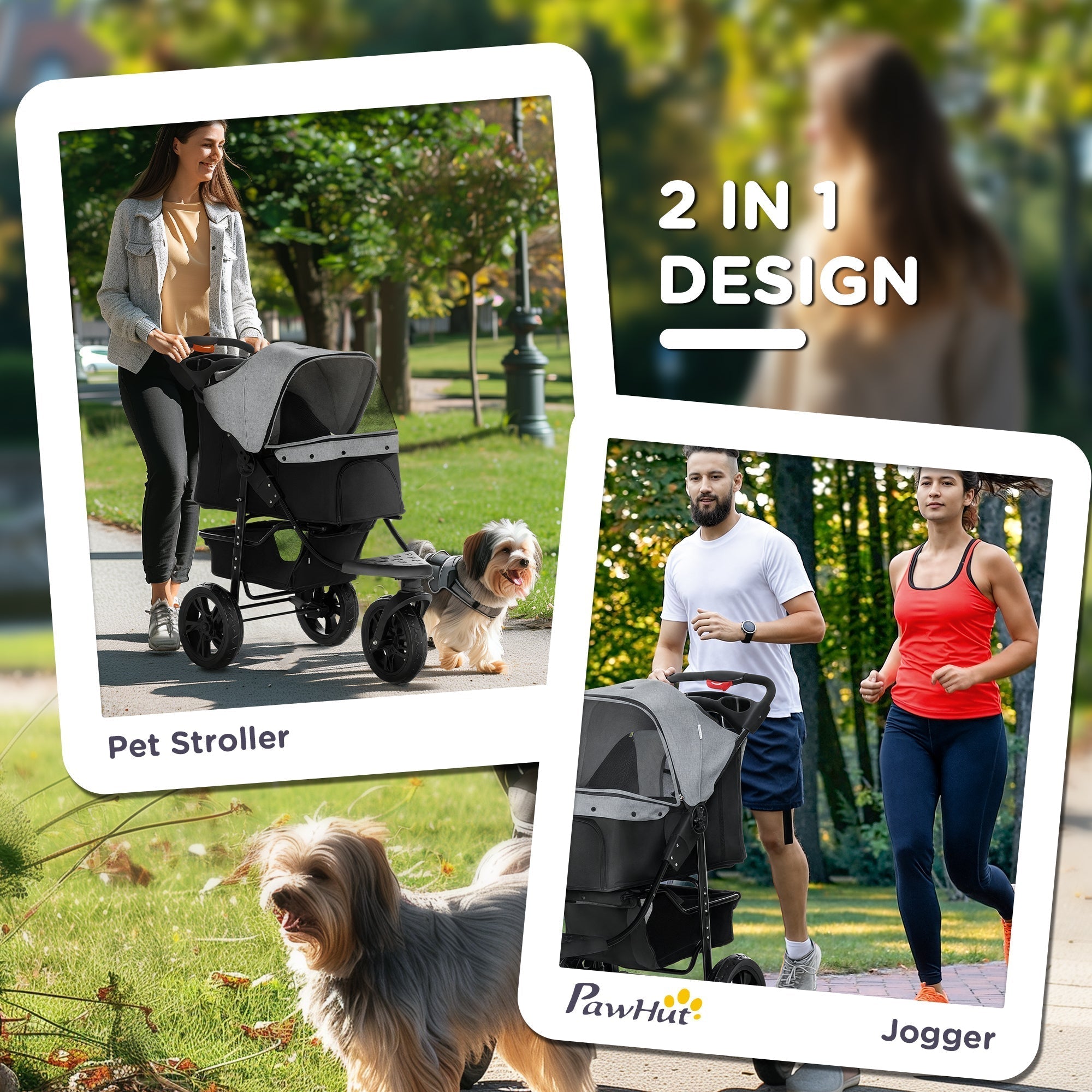 PawHut Dog Stroller Pram, 3-Wheel Foldable Pet Stroller with Invisible Sky Roof, for Small Dogs & Cats, Red