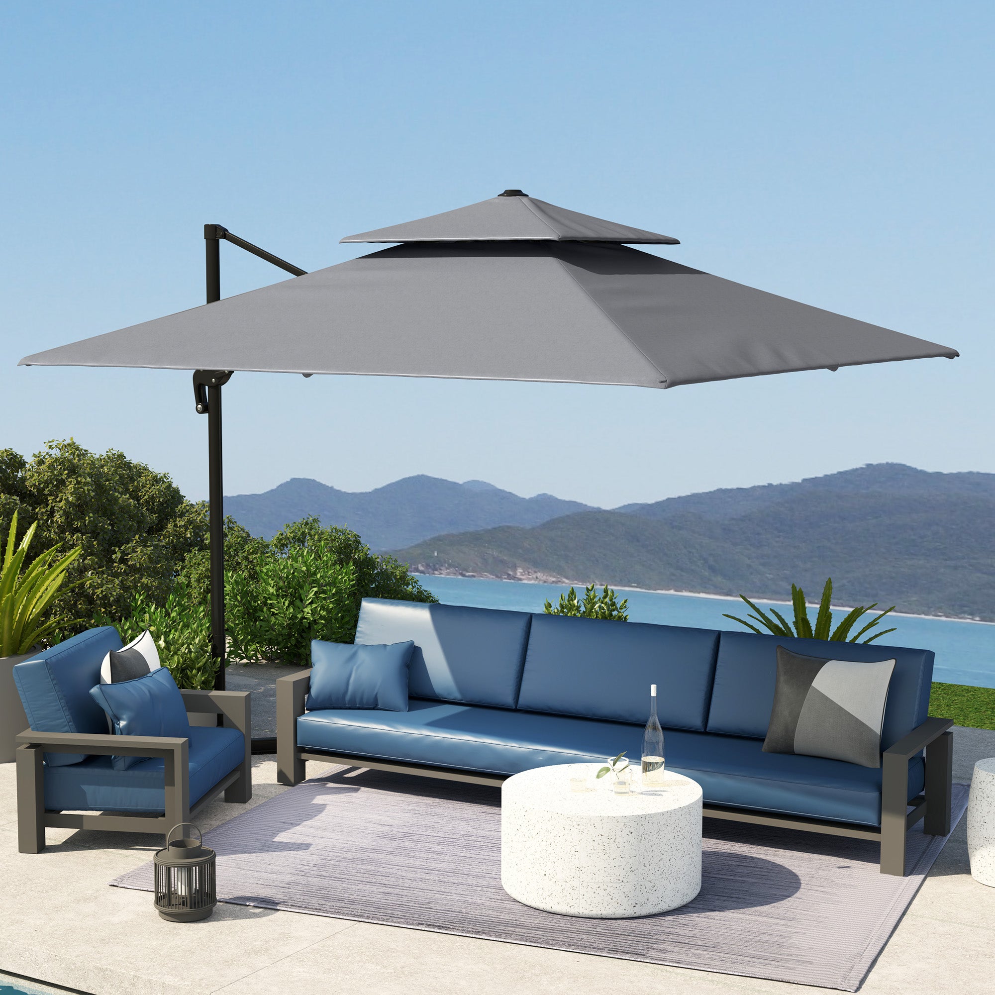 Outsunny 3 x 3(m) Cantilever Parasol with Aluminium Frame, Crank and Tilt, 360-Degree Rotation, Double Top Garden Umbrella with Cover (Only Cross Base), Light Grey