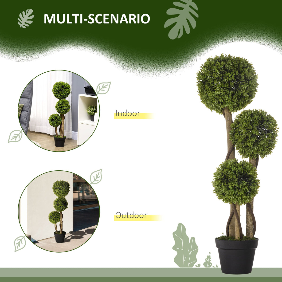 HOMCOM Decorative Artificial Plants Set of 2, Boxwood Ball Topiary Trees in Pot Fake Plants for Home Indoor Outdoor Decor, 90 cm, Dark Green