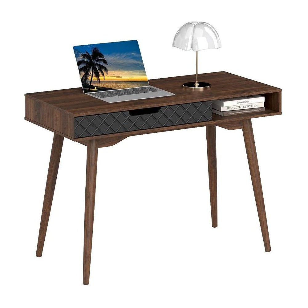 Writing Table with a laptop and a lamp on top, featuring a drawer and open compartment