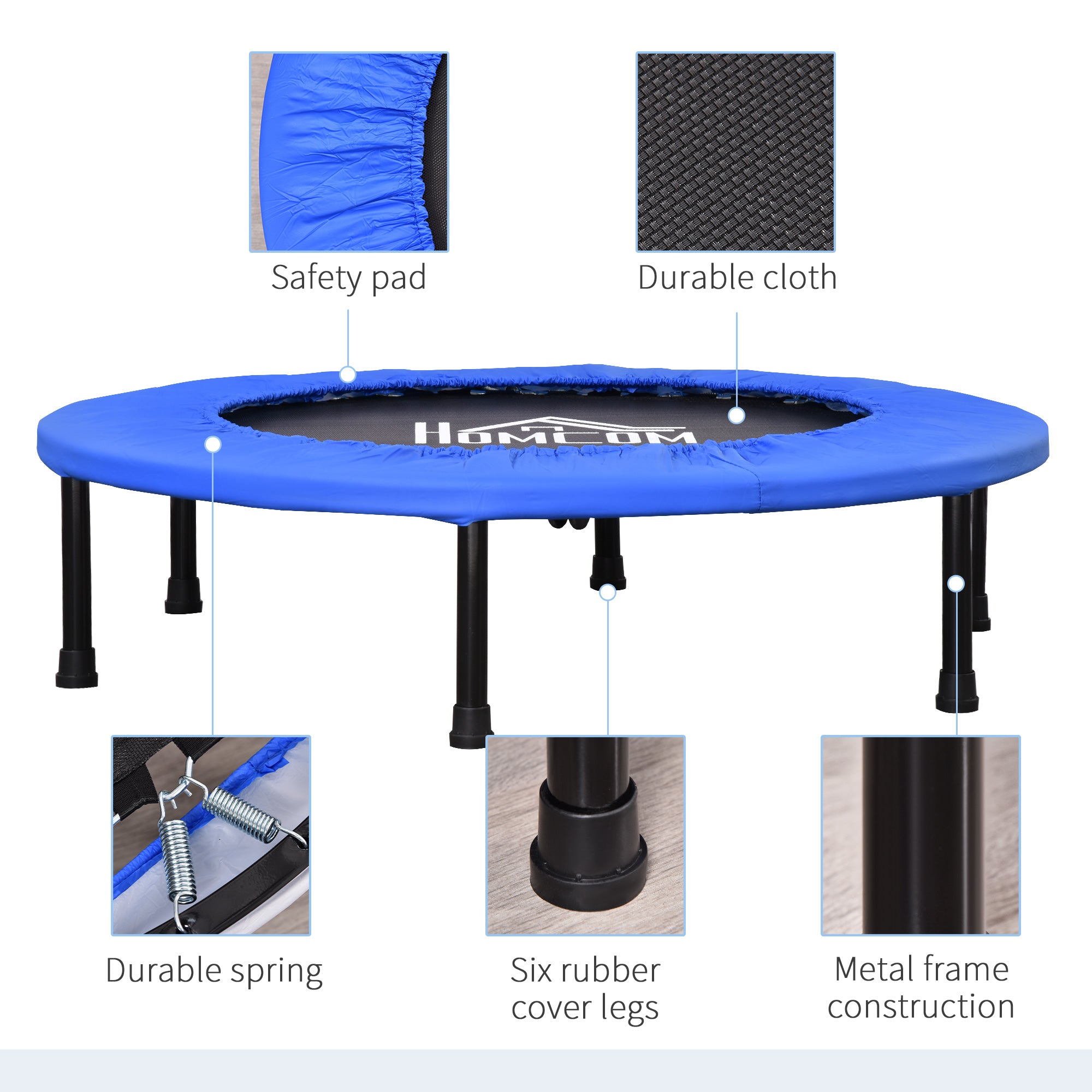HOMCOM 91 Mini Fitness Trampoline Home Gym Yoga Exercise Rebounder Indoor Outdoor Jumper with Safety Pad, Support Up to 100 KG, Blue and Black