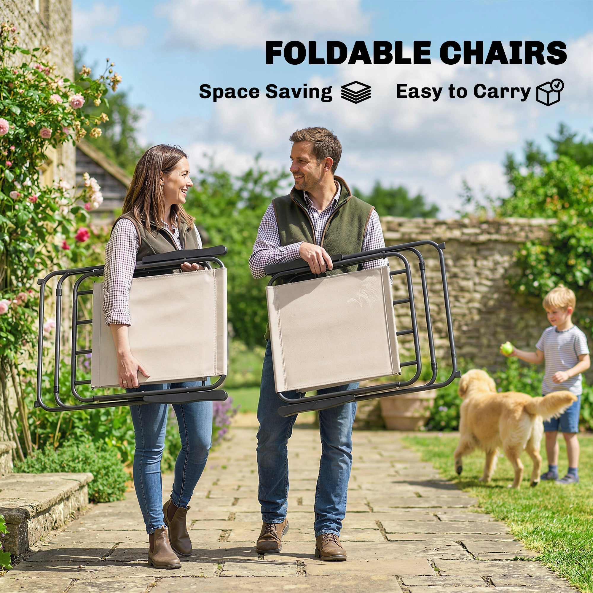 Outsunny 8 Piece Garden Dining Set with Umbrella Garden Furniture Set with 6 Folding Chairs, Tempered Glass Table for Patio Cream